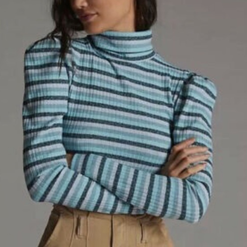 Anthropologie Maeve Striped Puff Sleeved Turtleneck in Blue and Green